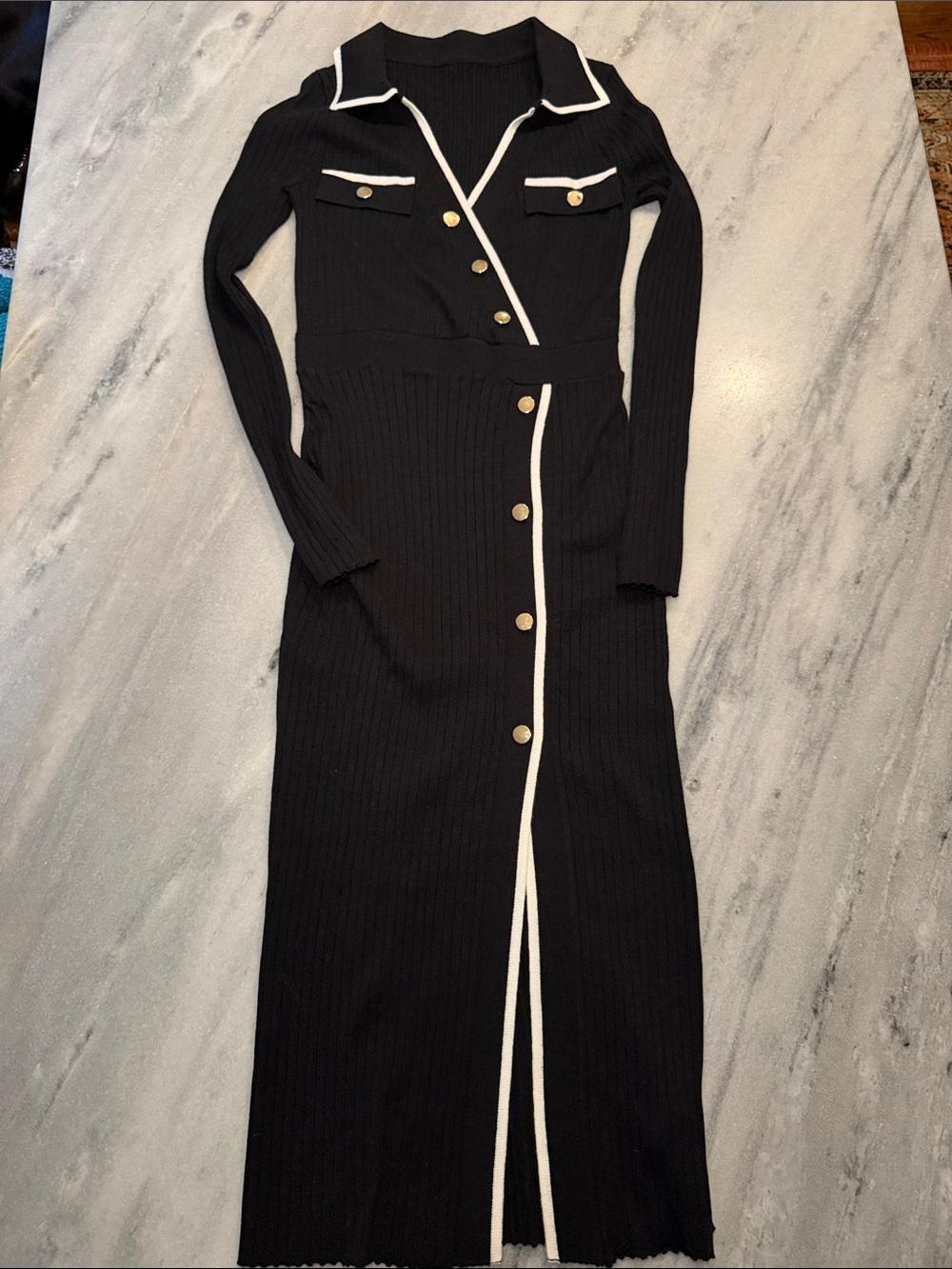 Commense Black Long-Sleeve Ribbed Maxi Dress with White Trim